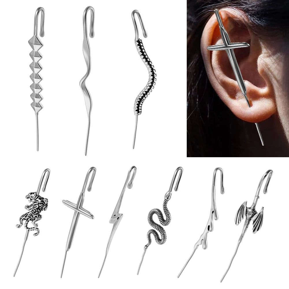 Punk Stainless Steel Cross Tiger Hook Ear Cuff